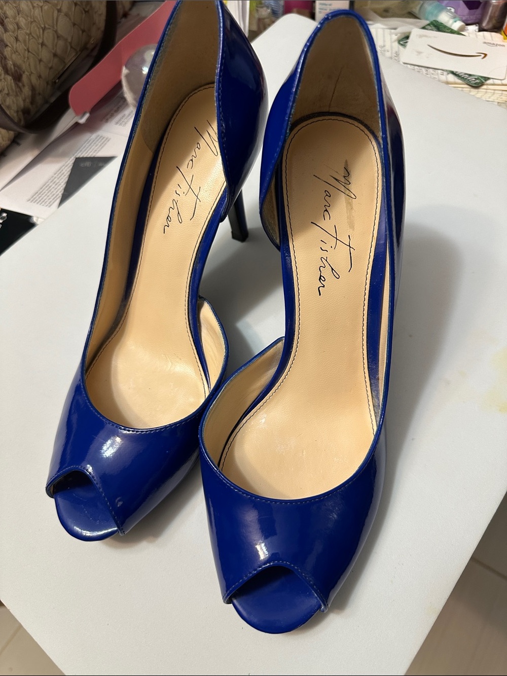 Marc Fisher Cobalt Blue Patent Peep-Toe Pumps